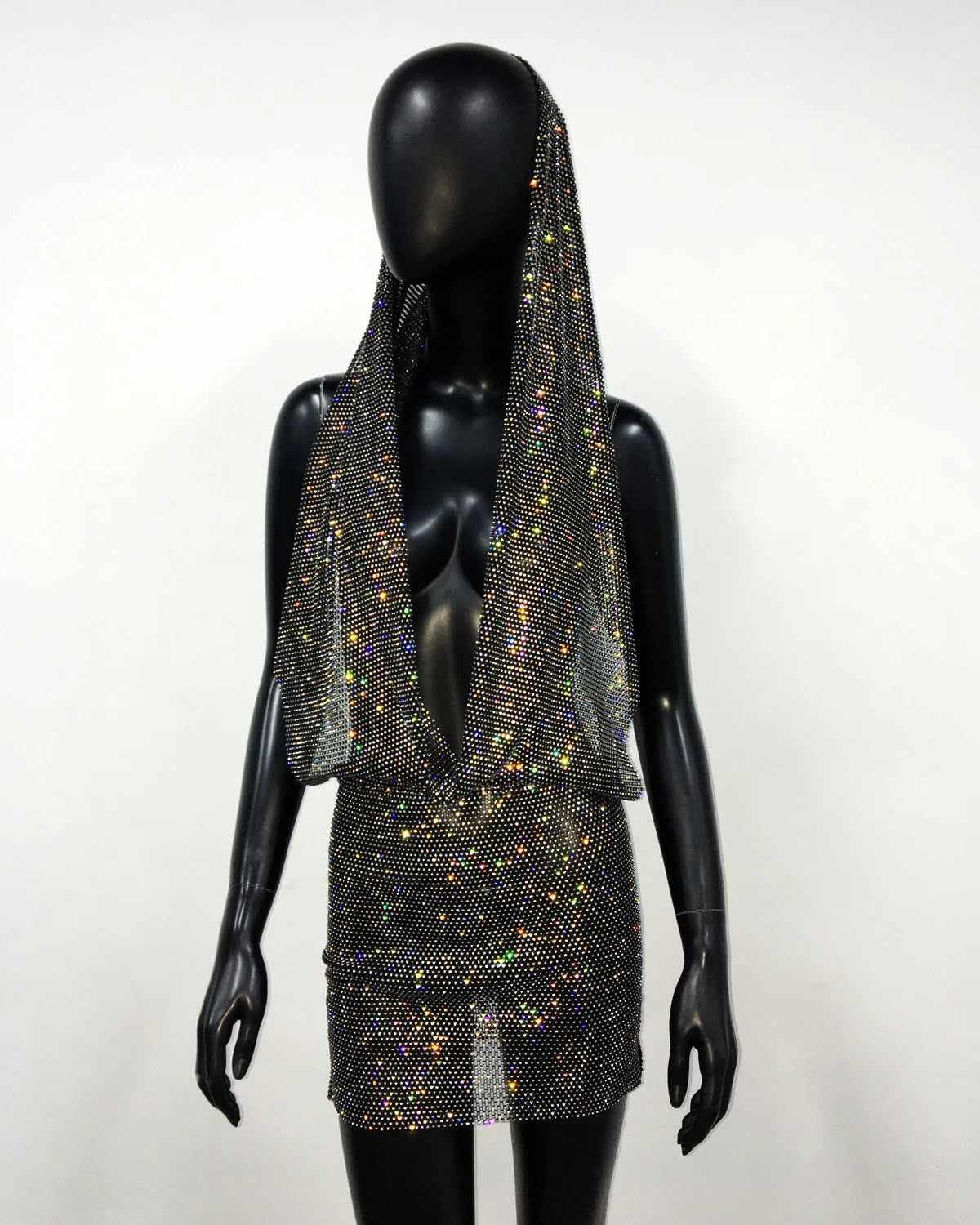 Midnight Radiance Crystal Hooded Mini Dress