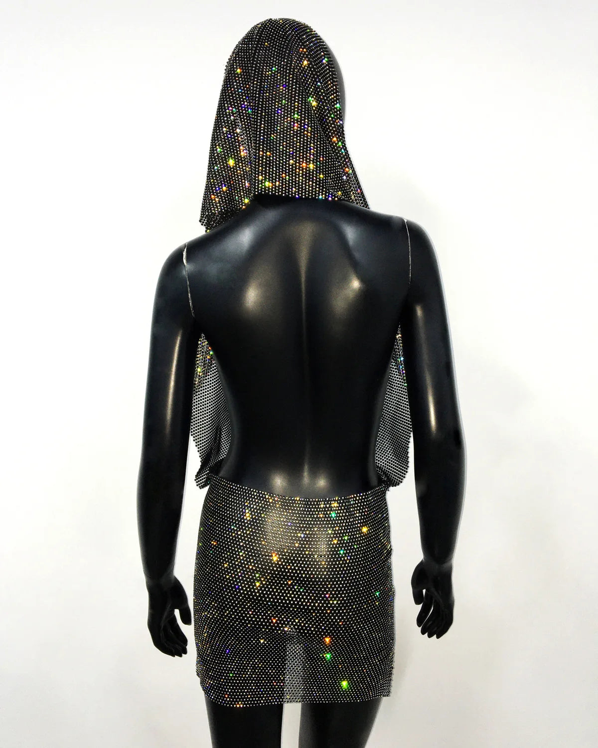 Midnight Radiance Crystal Hooded Mini Dress