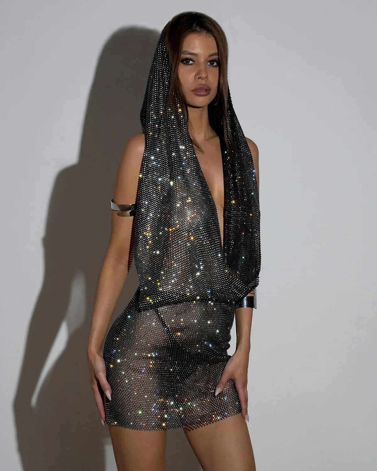 Midnight Radiance Crystal Hooded Mini Dress
