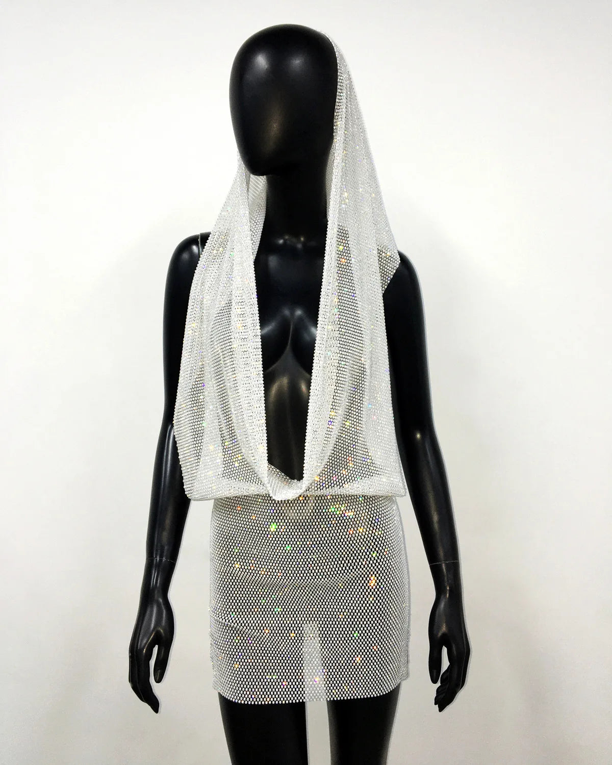 Midnight Radiance Crystal Hooded Mini Dress
