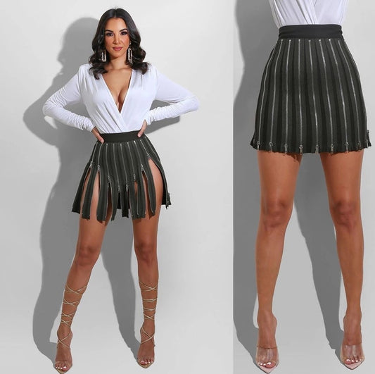 The “Midnight Allure” Zip Fringe Skirt