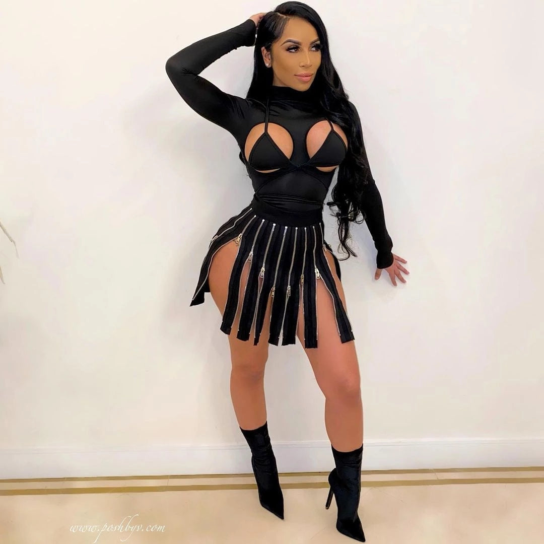 The “Midnight Allure” Zip Fringe Skirt
